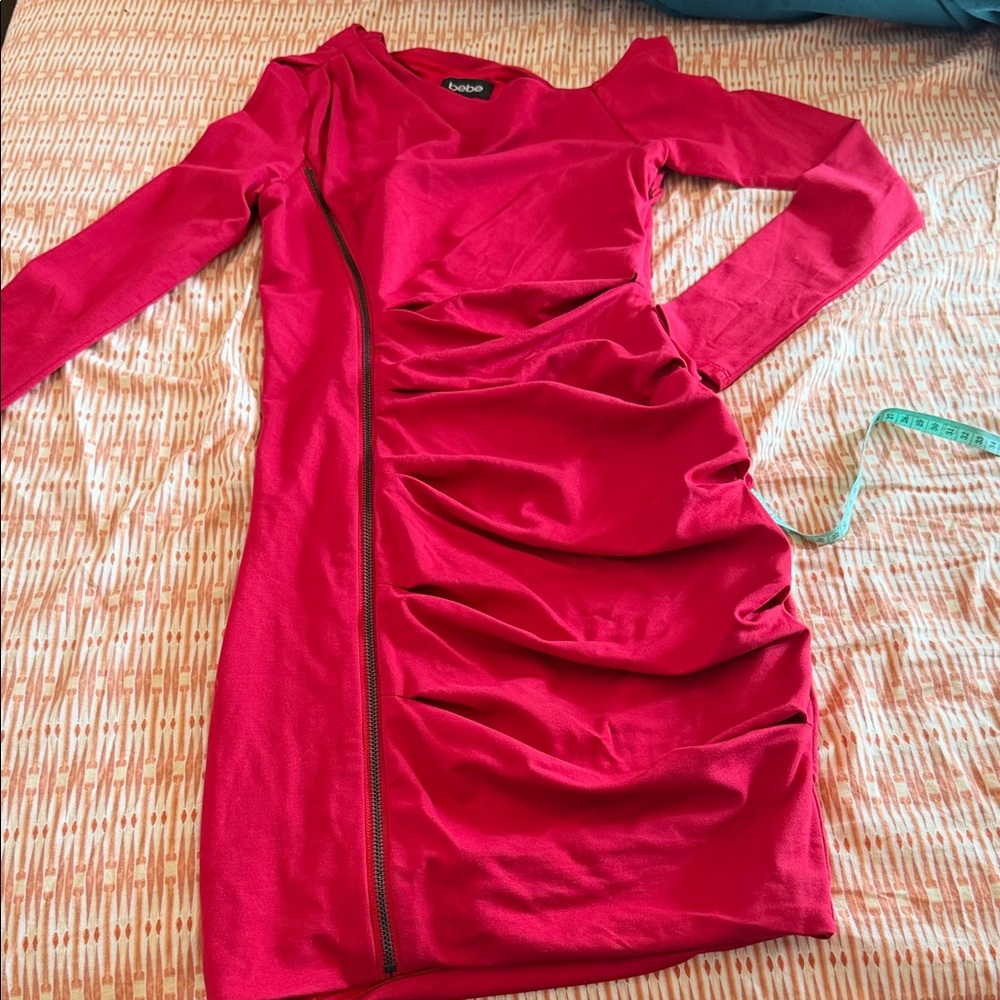 Bebe  Vibrant red asymmetrical neckline Pintuck  Long Sleeve Dress